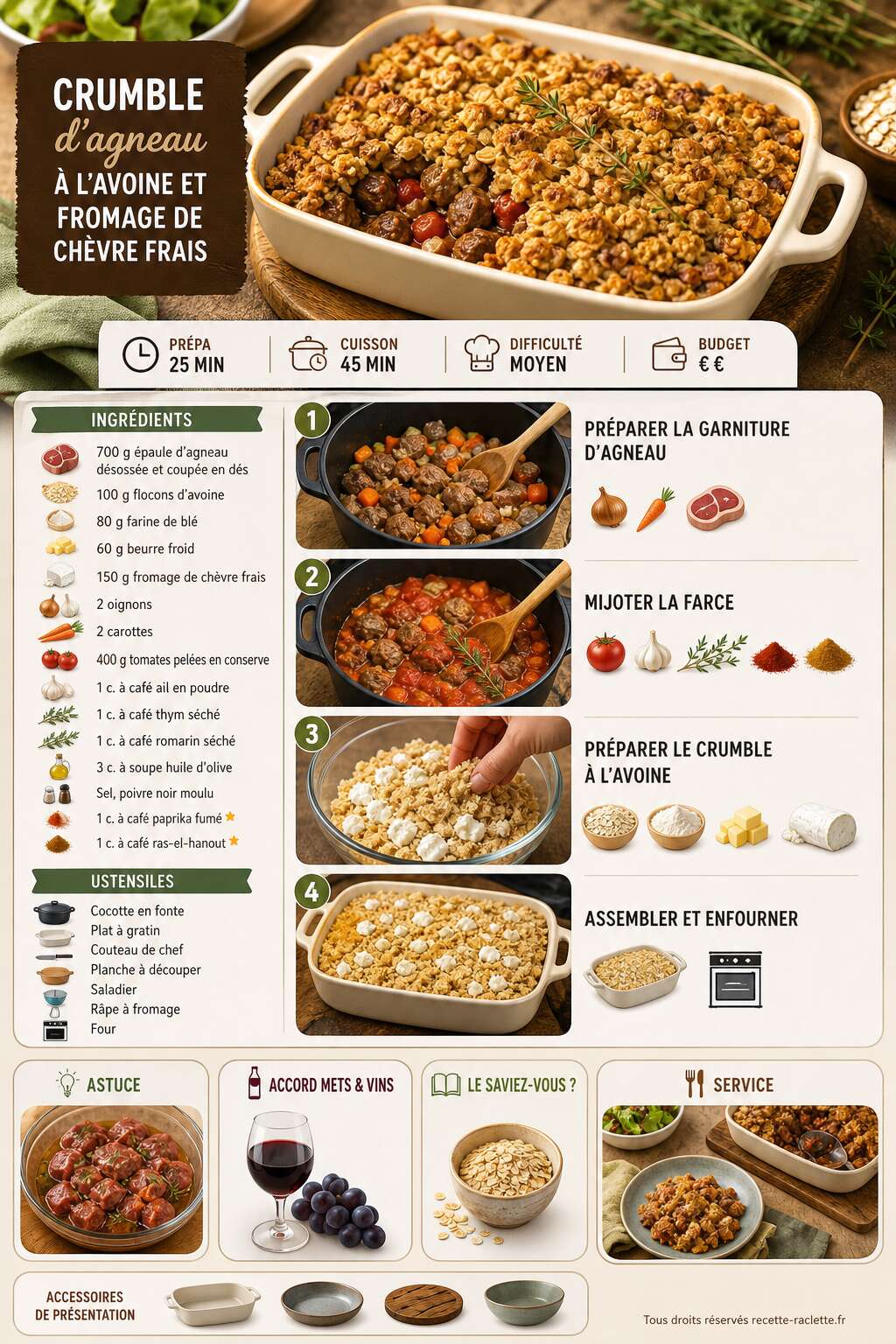 Fiche recette Crumble d'agneau à l'avoine et fromage de chèvre frais : recette gourmande Fiche recette Crumble d'agneau à l'avoine et fromage de chèvre frais : recette gourmande