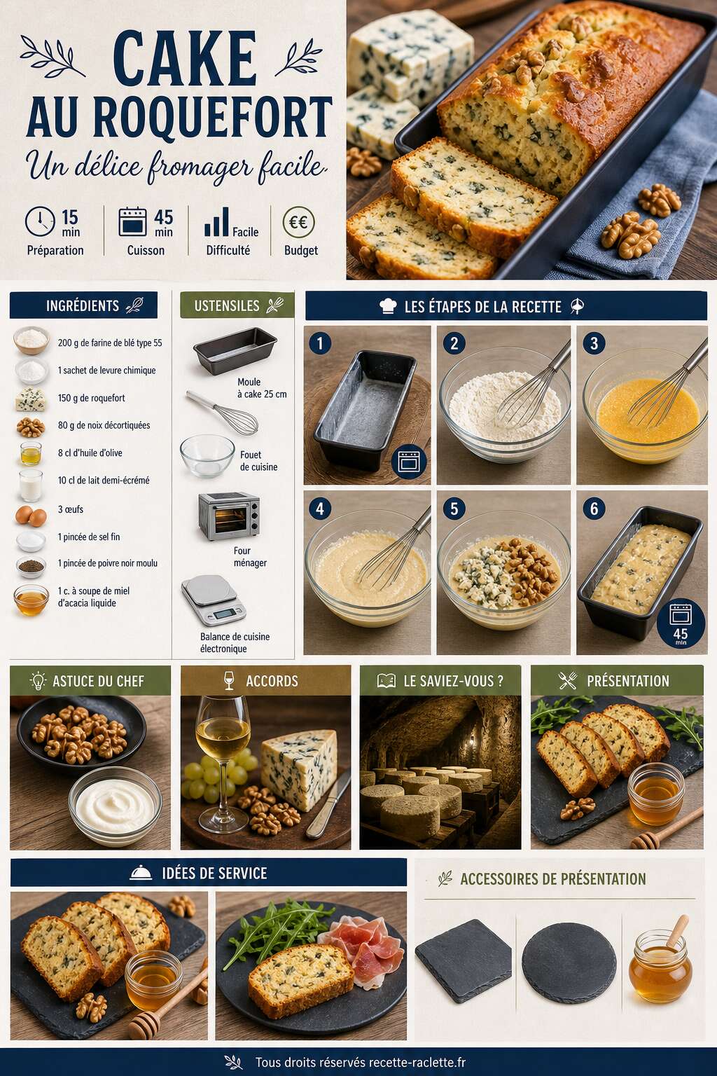 Fiche recette Recette de cake au Roquefort : un d&eacute;lice fromager facile