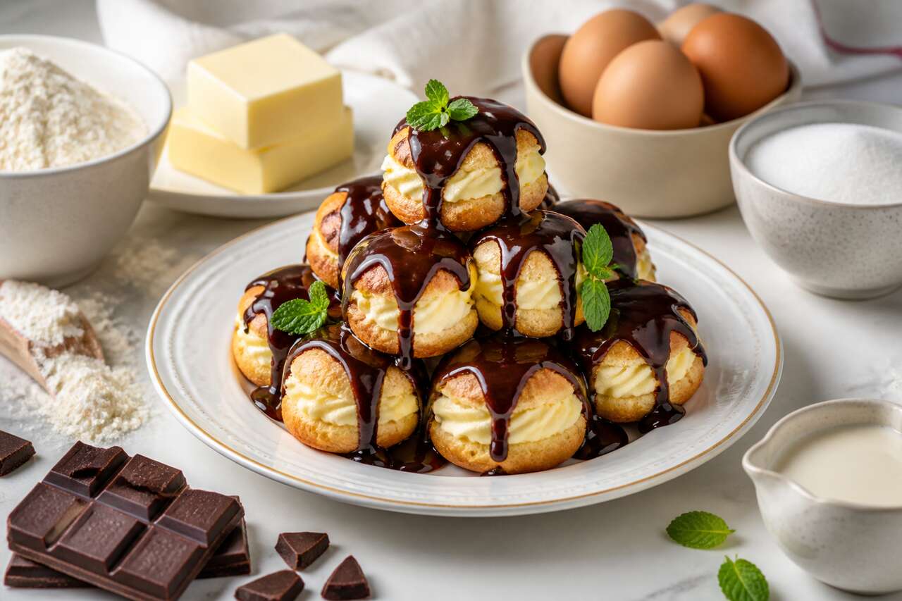 Profiteroles faciles : crème vanille et sauce chocolat