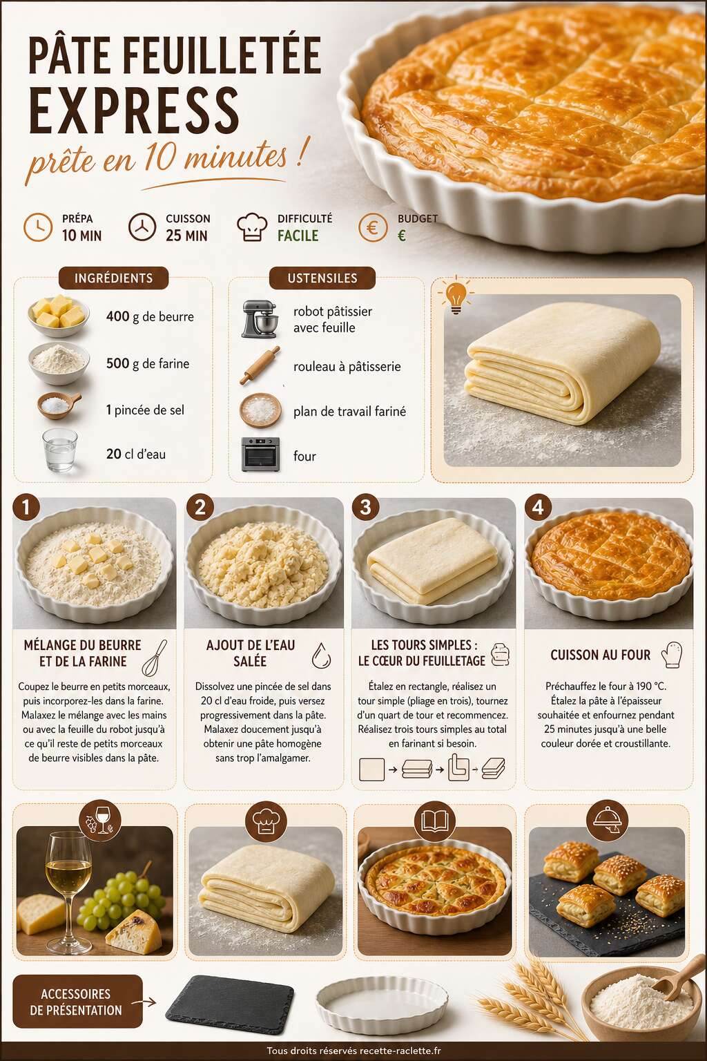 Fiche recette Pâte feuilletée express : prête en 10 minutes ! Fiche recette Pâte feuilletée express : prête en 10 minutes !