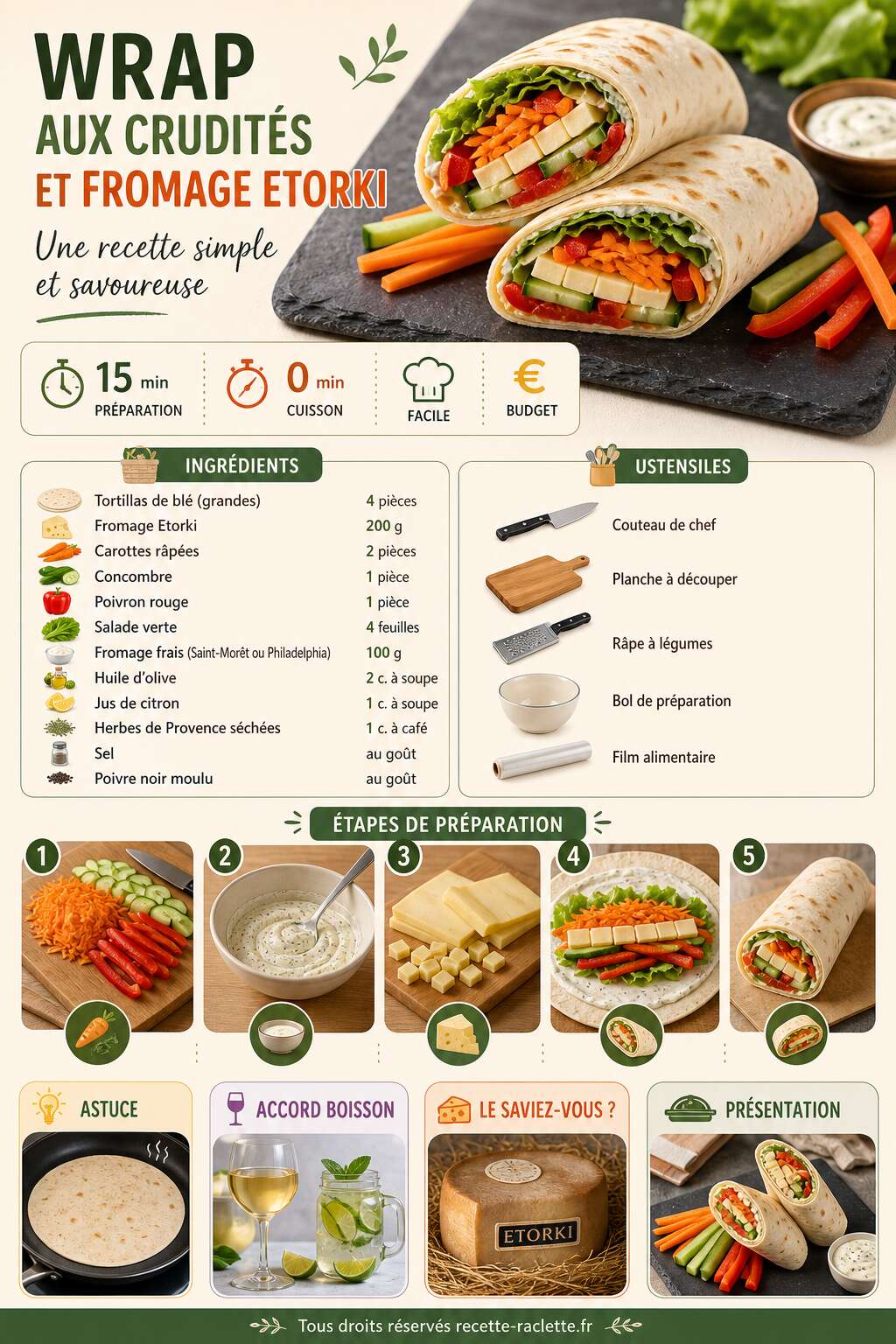Fiche recette Wrap aux crudit&eacute;s et fromage Etorki : une recette simple et savoureuse