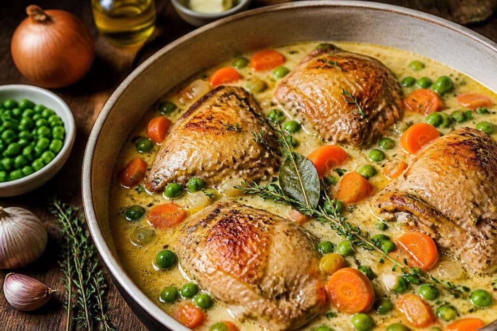 Poulet crémeux au vin blanc, petits pois et carottes : recette facile