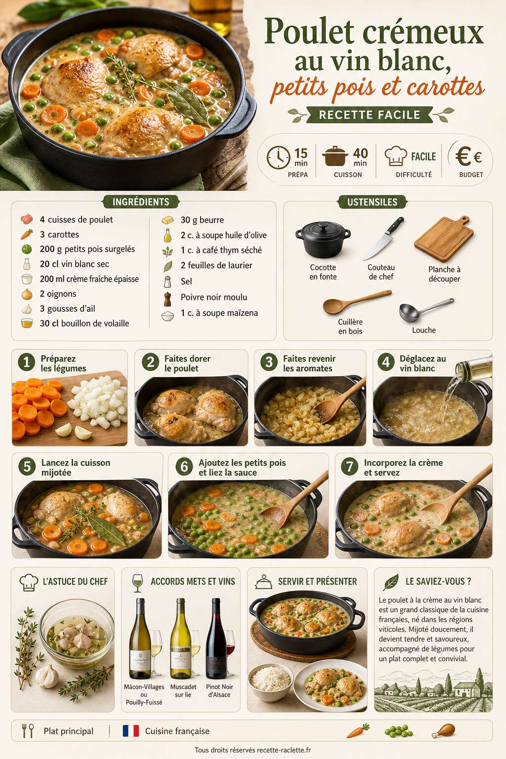 Fiche recette Poulet crémeux au vin blanc, petits pois et carottes : recette facile Fiche recette Poulet crémeux au vin blanc, petits pois et carottes : recette facile