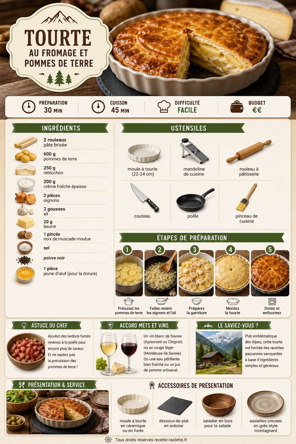 Fiche recette Recette de tourte au fromage et pommes de terre Fiche recette Recette de tourte au fromage et pommes de terre
