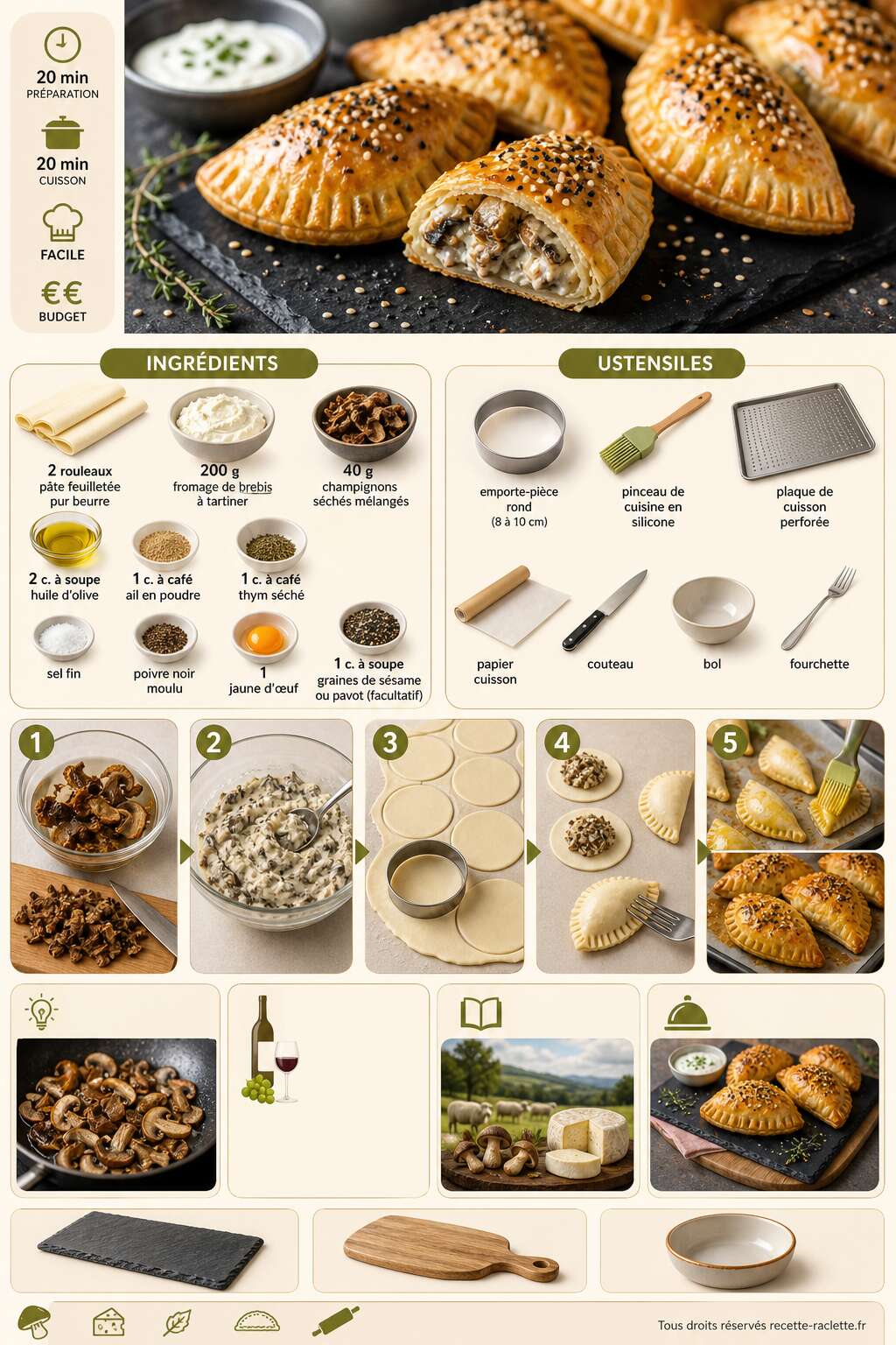 Fiche recette Mini-chaussons au fromage de brebis et champignons : recette savoureuse Fiche recette Mini-chaussons au fromage de brebis et champignons : recette savoureuse