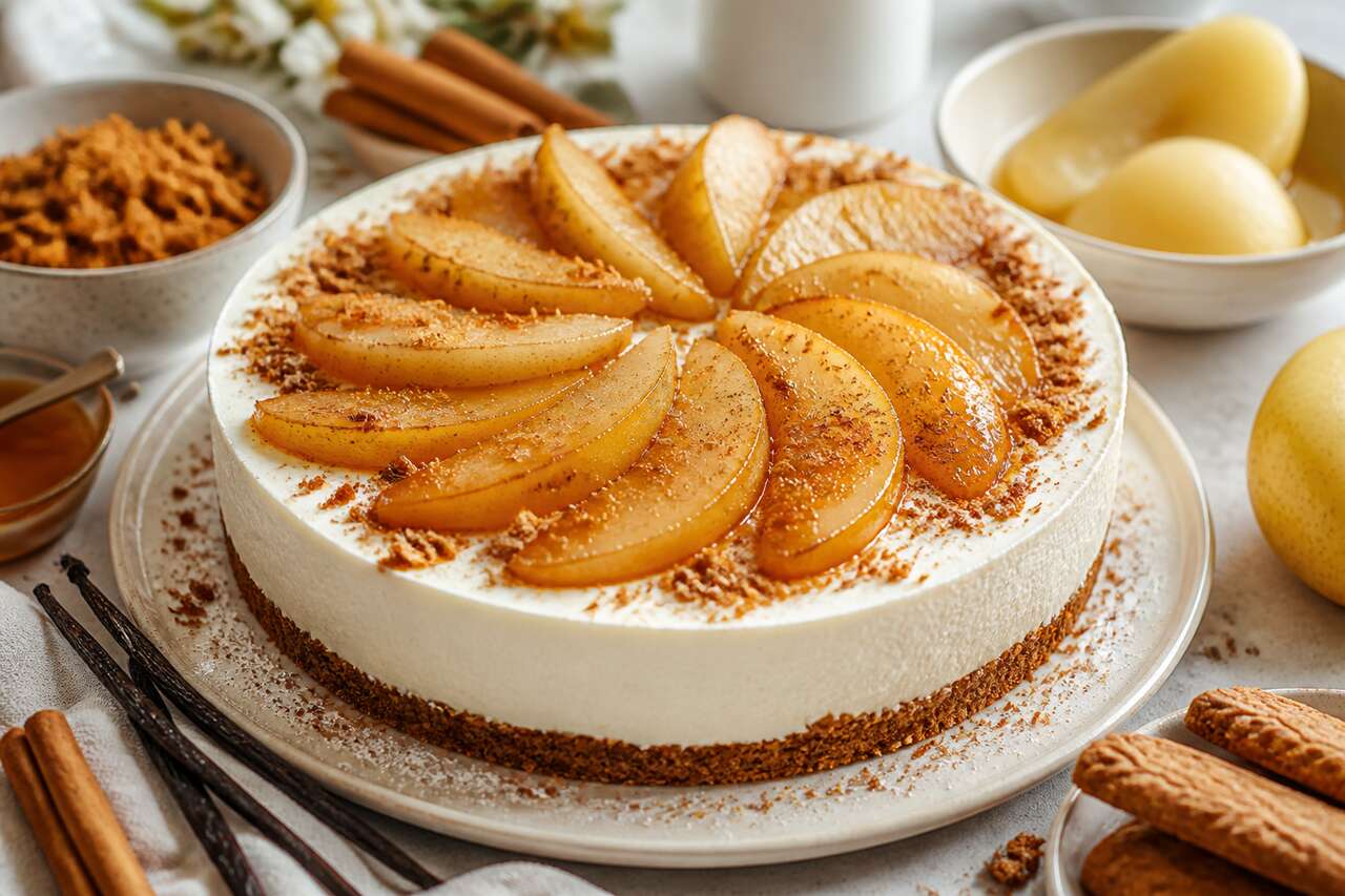 Cheesecake sans cuisson aux poires : recette facile et gourmande