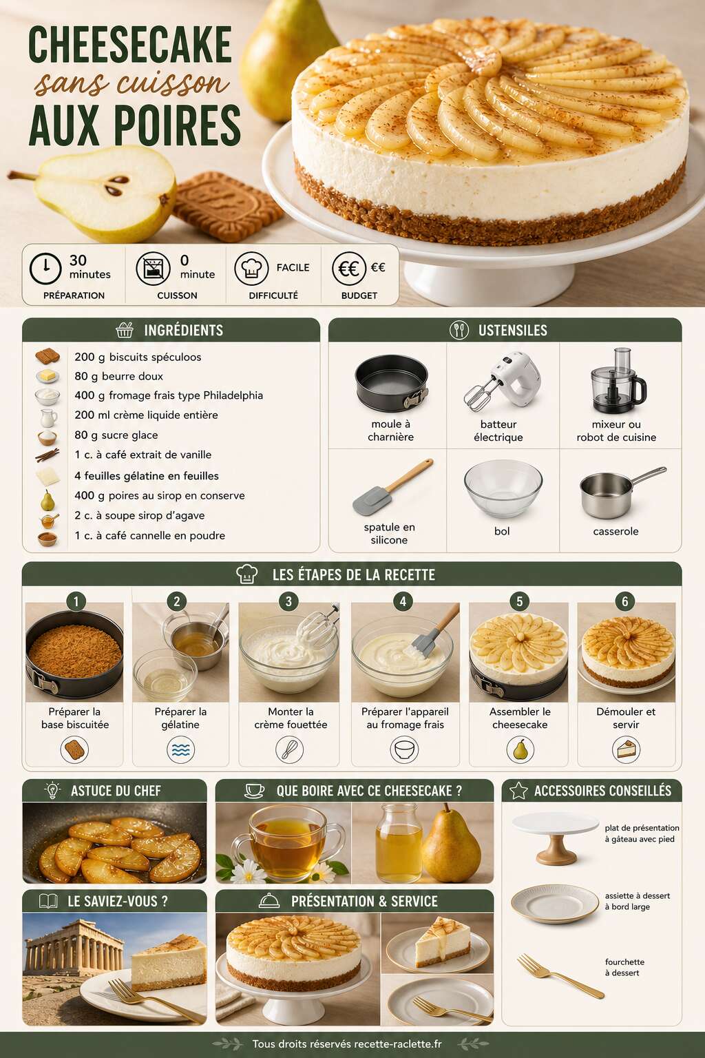 Fiche recette Cheesecake sans cuisson aux poires : recette facile et gourmande Fiche recette Cheesecake sans cuisson aux poires : recette facile et gourmande