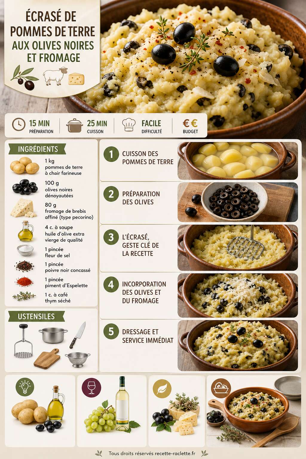 Fiche recette Écrasé de pommes de terre aux olives noires et fromage : recette gourmande Fiche recette Écrasé de pommes de terre aux olives noires et fromage : recette gourmande
