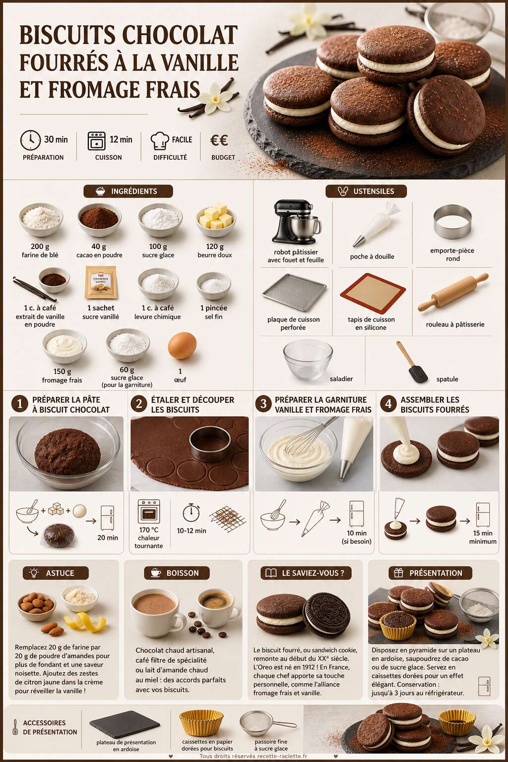 Fiche recette Biscuits chocolat fourrés à la vanille et fromage frais : recette gourmande Fiche recette Biscuits chocolat fourrés à la vanille et fromage frais : recette gourmande