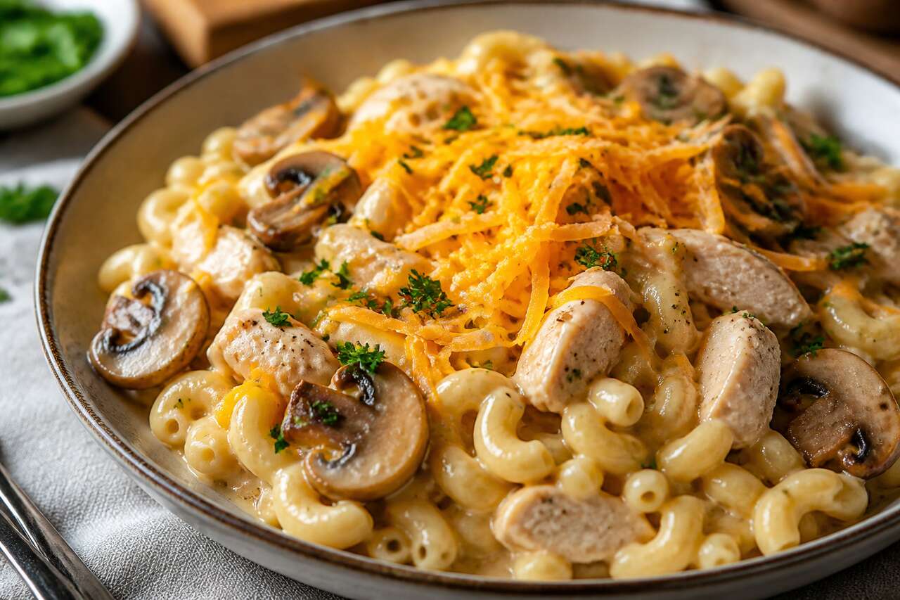 Coquillettes crémeuses au poulet, champignon et mimolette