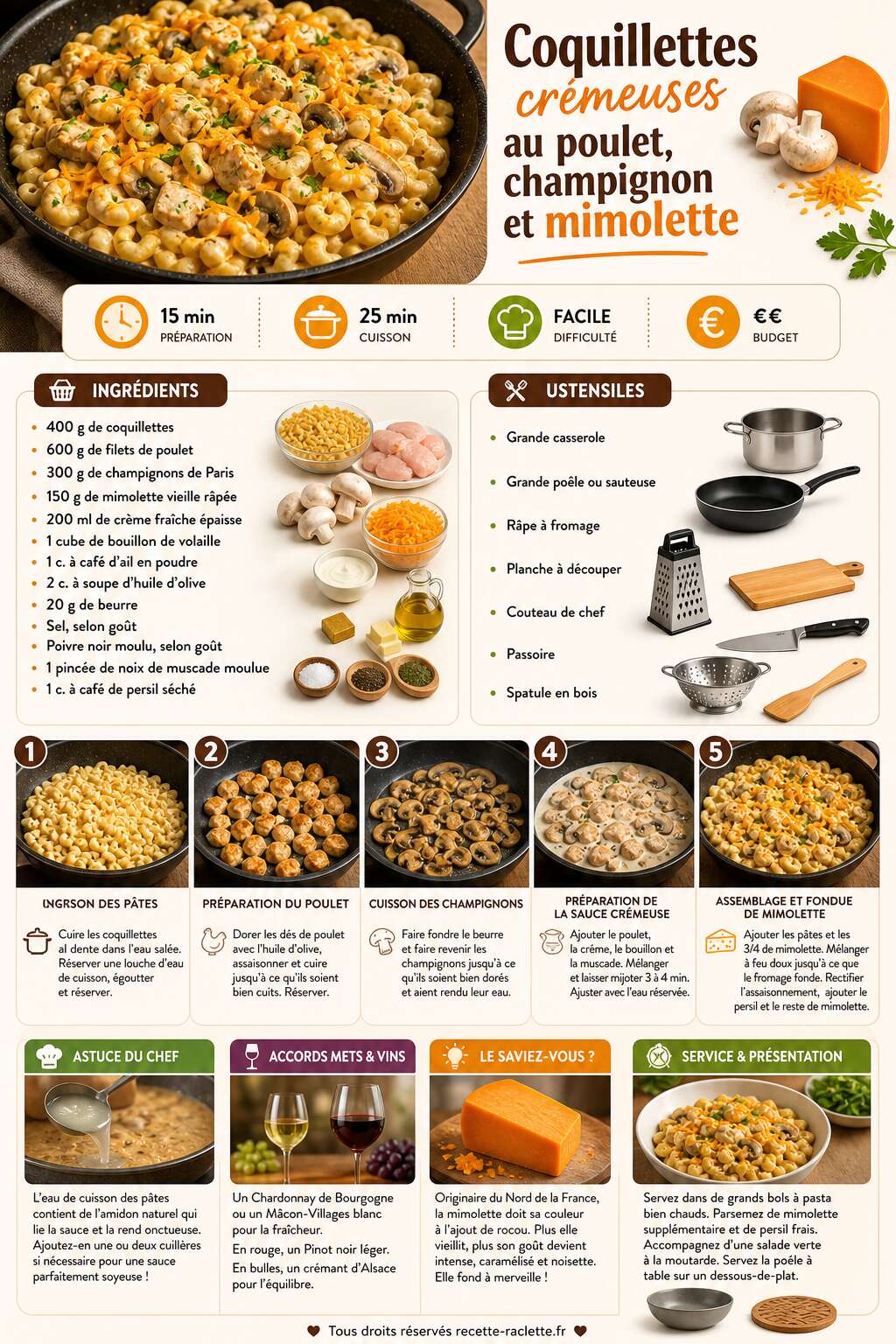 Fiche recette Coquillettes crémeuses au poulet, champignon et mimolette Fiche recette Coquillettes crémeuses au poulet, champignon et mimolette