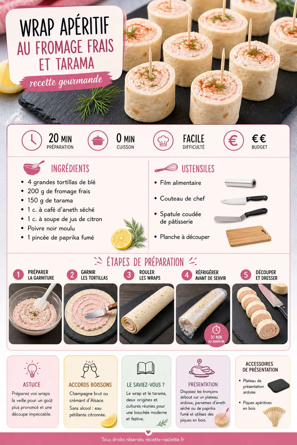 Fiche recette Wrap apéritif au fromage frais et tarama : recette gourmande Fiche recette Wrap apéritif au fromage frais et tarama : recette gourmande