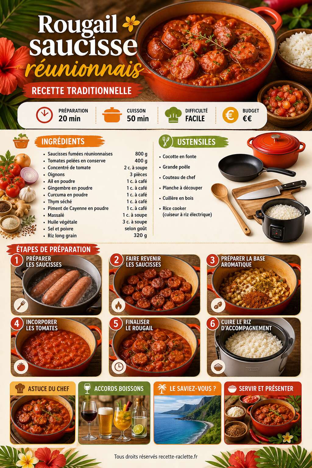 Fiche recette Rougail saucisse réunionnais : recette traditionnelle Fiche recette Rougail saucisse réunionnais : recette traditionnelle