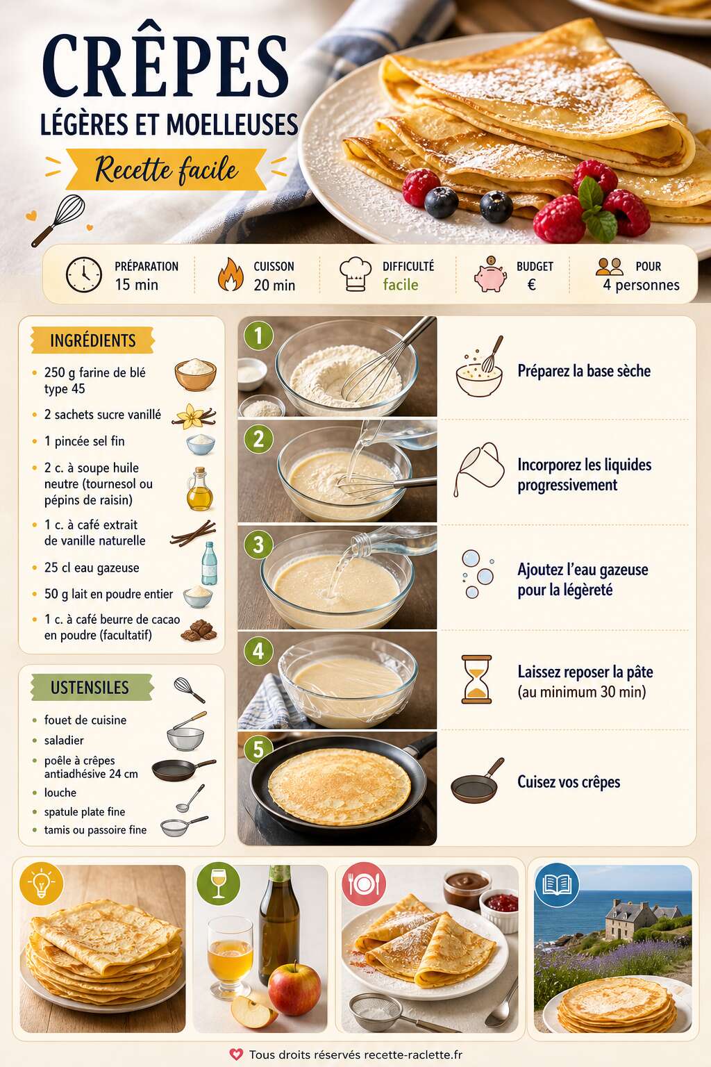Fiche recette Crêpes légères et moelleuses : recette facile Fiche recette Crêpes légères et moelleuses : recette facile