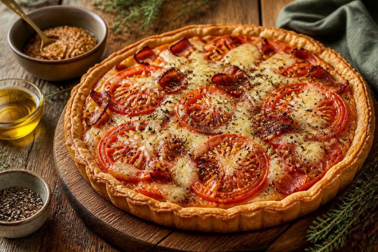 Tarte Tomate, fromage, lardons et Moutarde à l'Ancienne