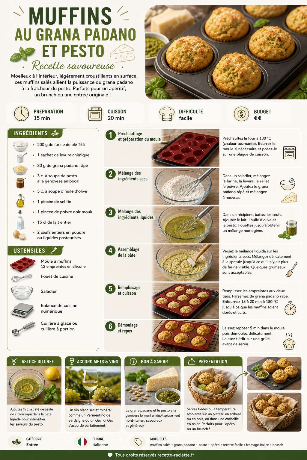Fiche recette Muffins au grana padano et pesto : recette savoureuse Fiche recette Muffins au grana padano et pesto : recette savoureuse