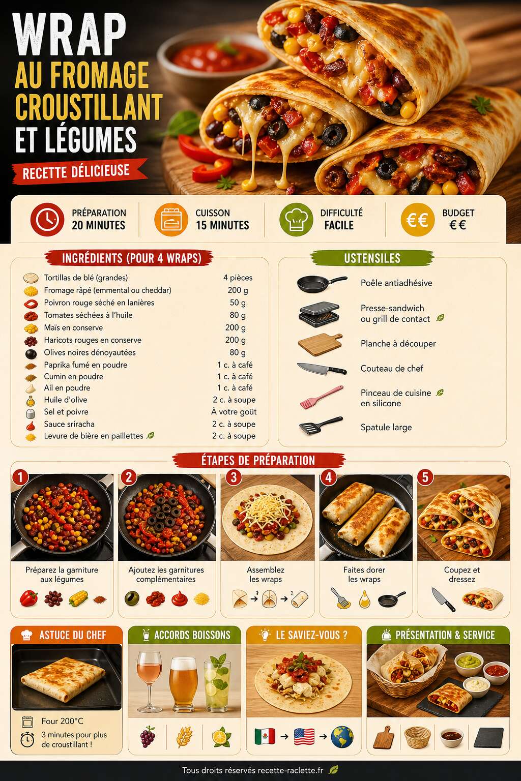 Fiche recette Wrap au fromage croustillant et légumes : recette délicieuse Fiche recette Wrap au fromage croustillant et légumes : recette délicieuse