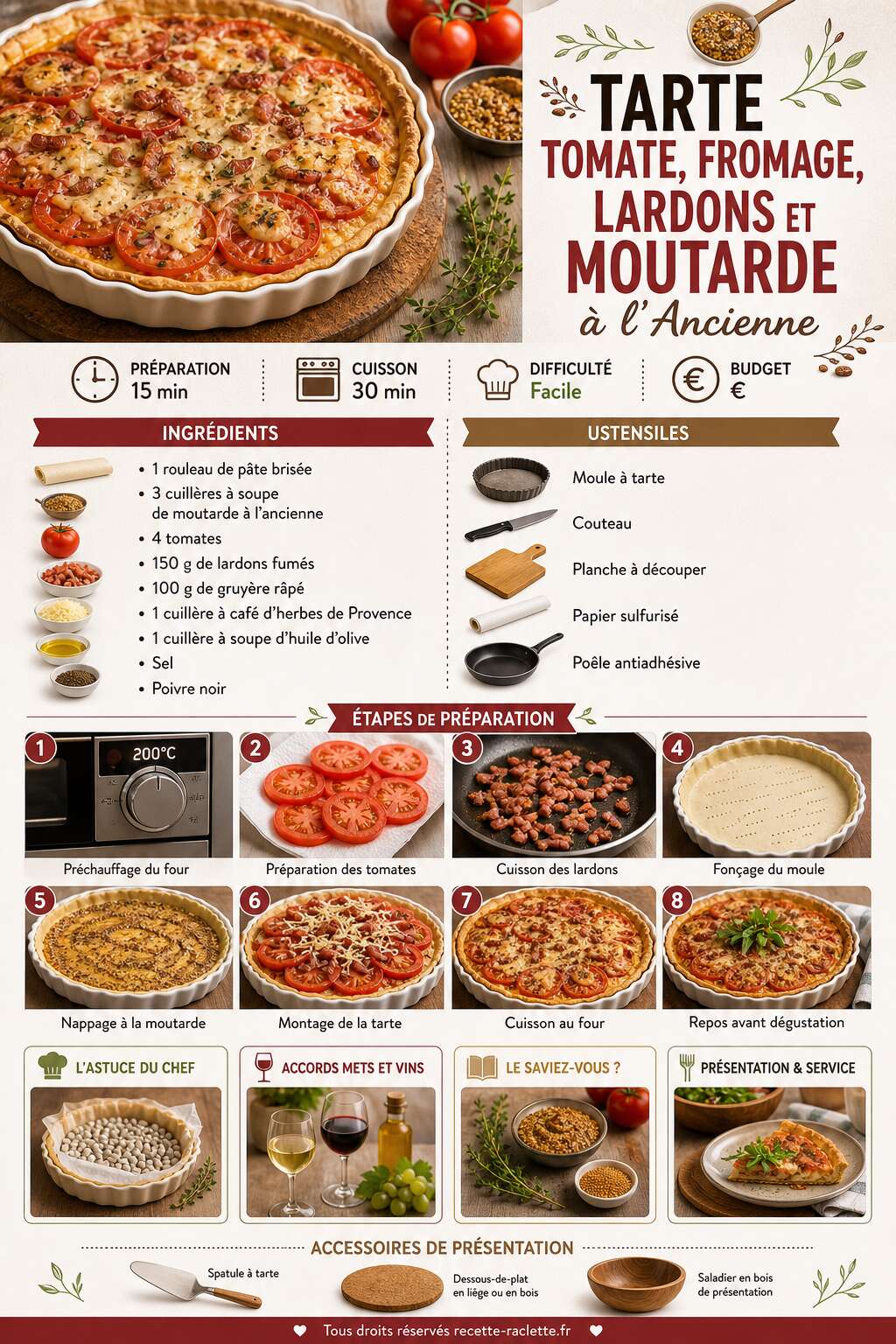 Fiche recette Tarte Tomate, fromage, lardons et Moutarde à l'Ancienne Fiche recette Tarte Tomate, fromage, lardons et Moutarde à l'Ancienne
