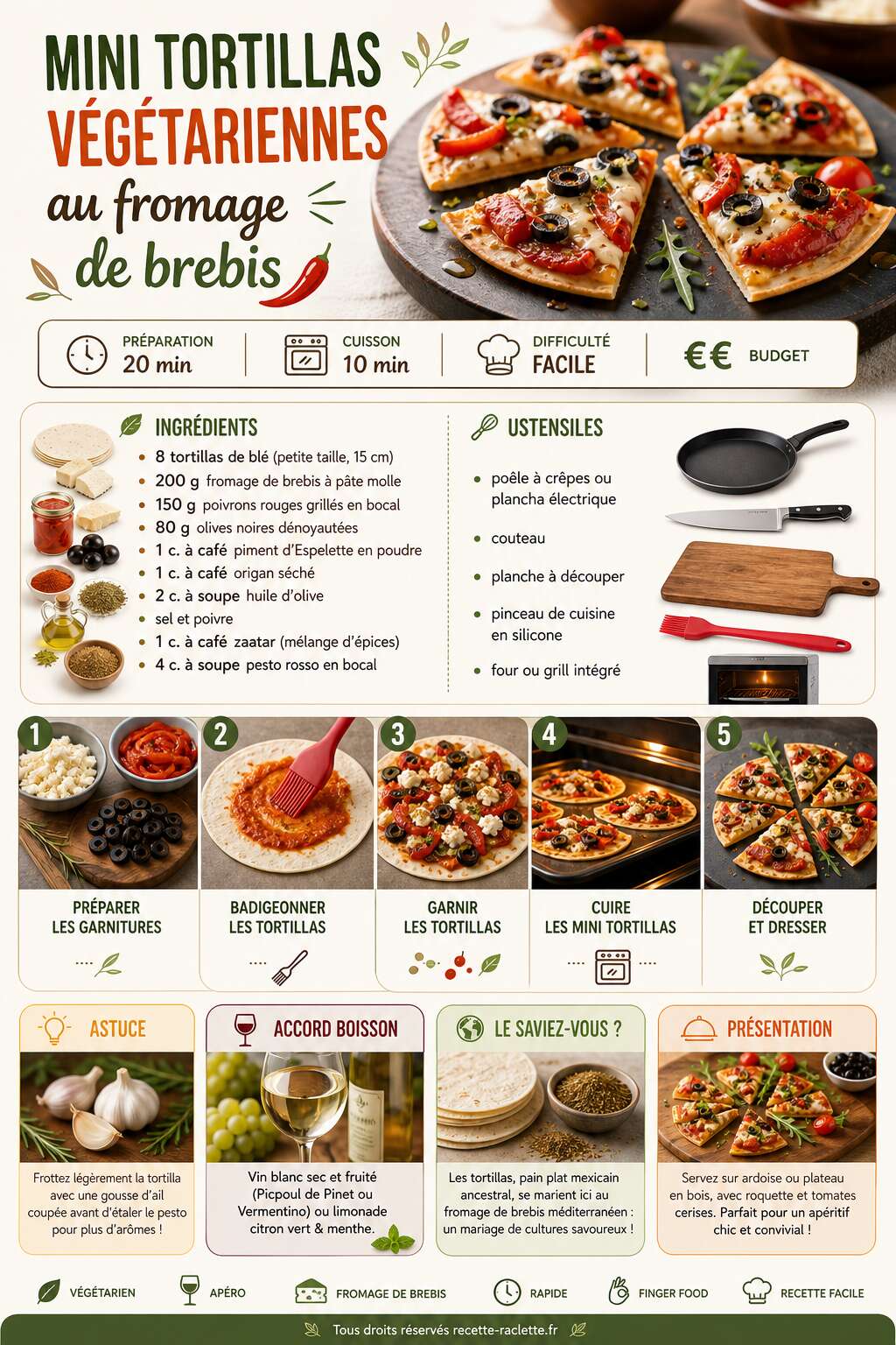 Fiche recette Recette : mini tortillas végétariennes au fromage de brebis Fiche recette Recette : mini tortillas végétariennes au fromage de brebis