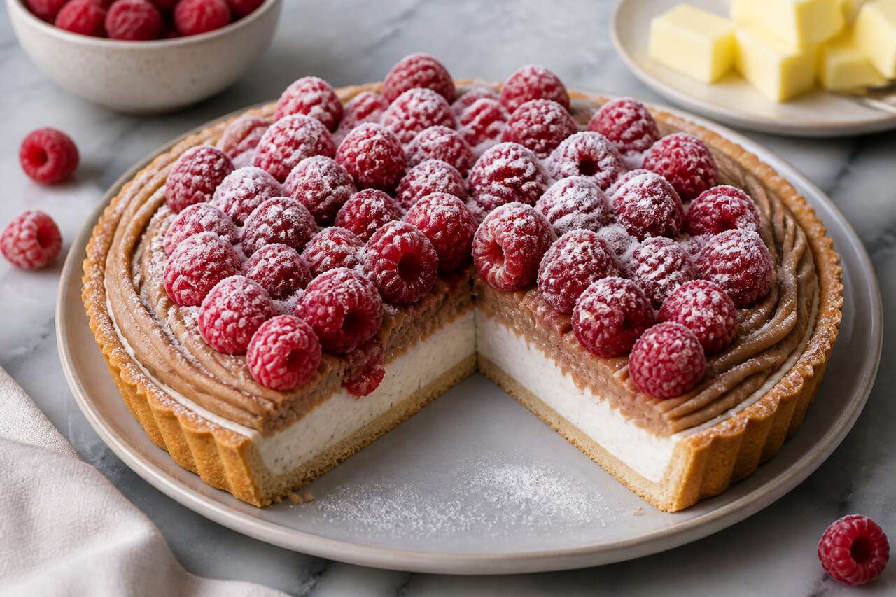 Tarte framboises, mascarpone & crème de marrons : la recette savoureuse