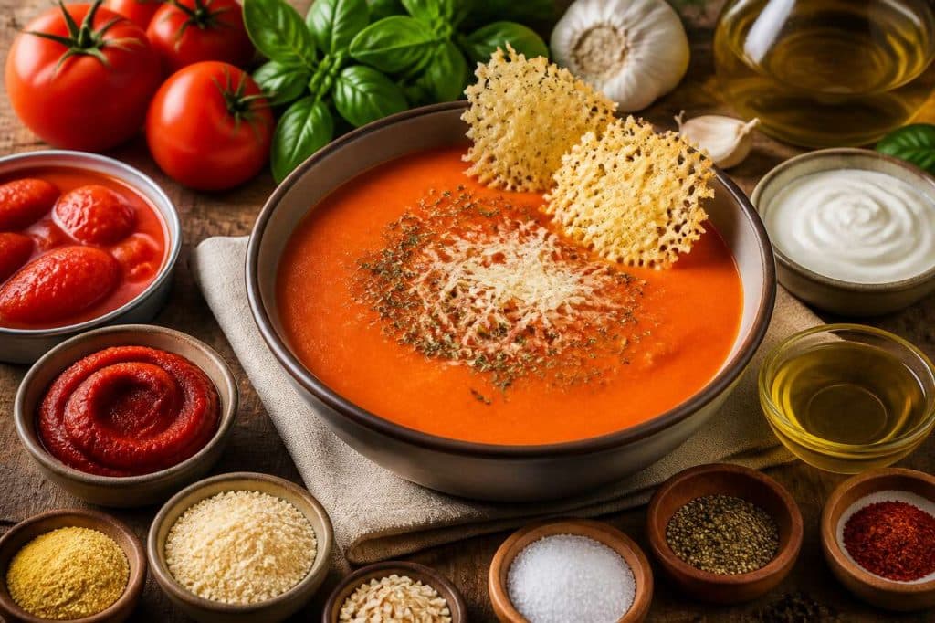 Velouté de tomate au basilic et tuiles de parmesan : recette gourmande