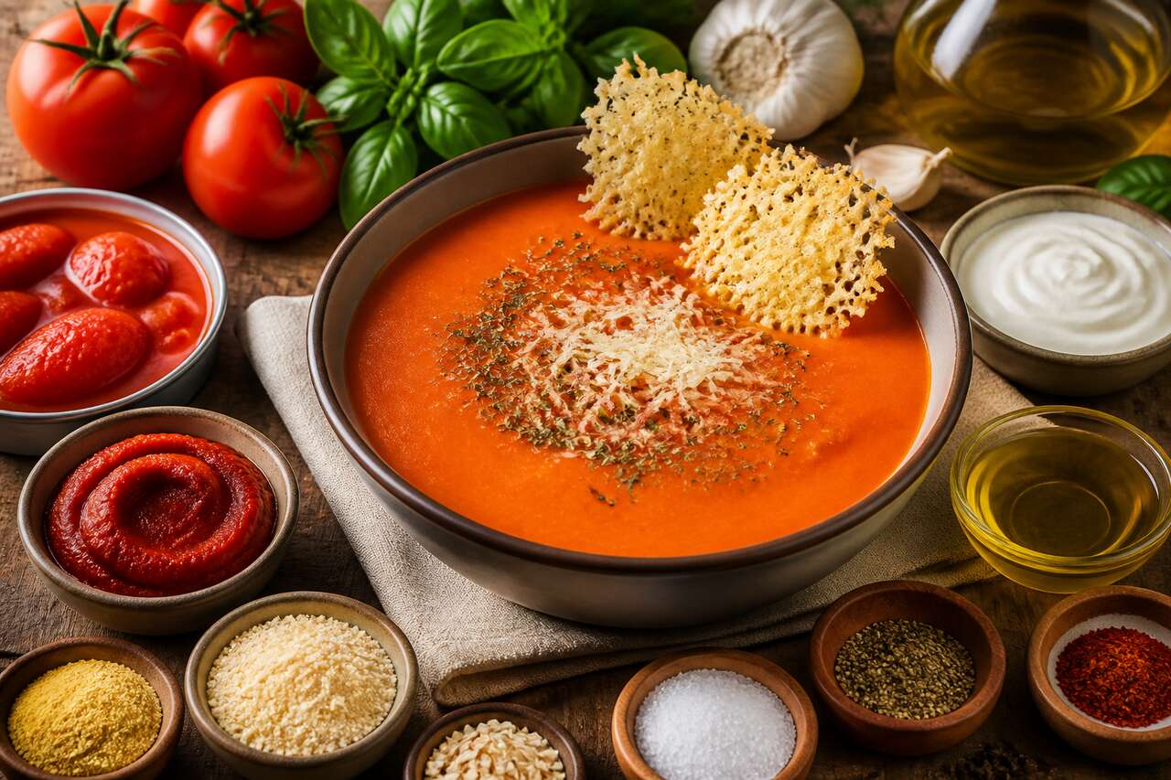 Velouté de tomate au basilic et tuiles de parmesan : recette gourmande