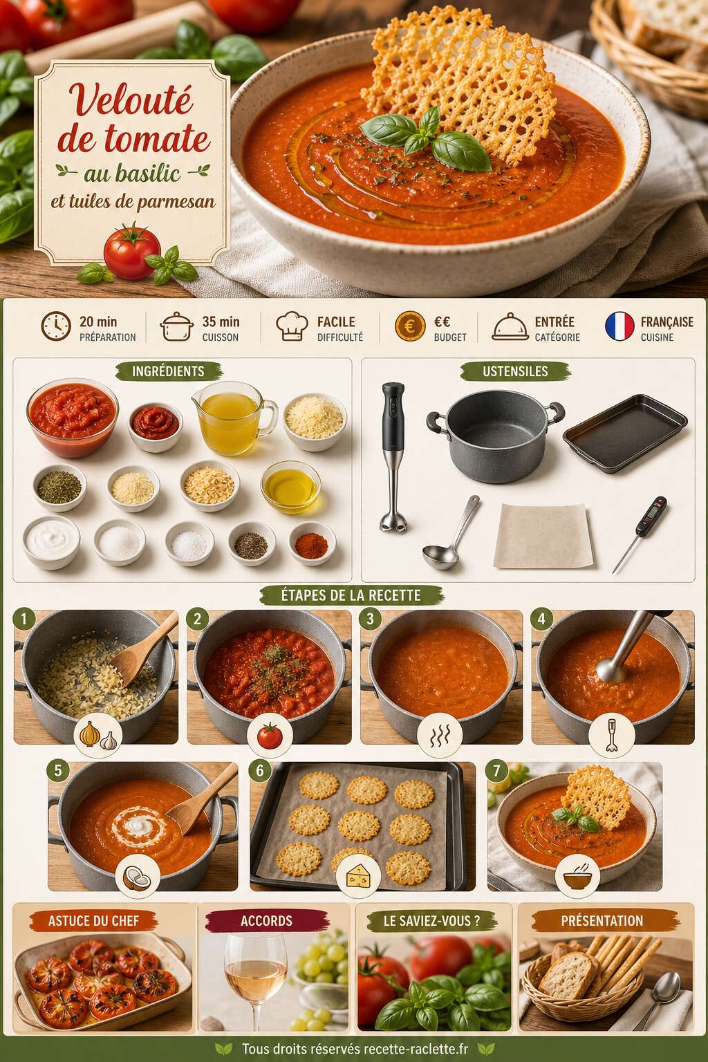 Fiche recette Velouté de tomate au basilic et tuiles de parmesan : recette gourmande Fiche recette Velouté de tomate au basilic et tuiles de parmesan : recette gourmande
