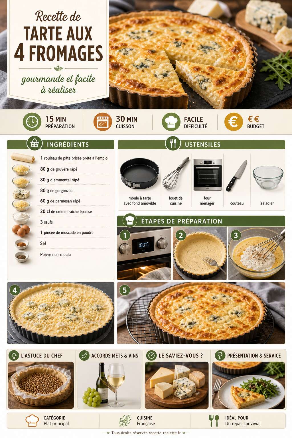 Fiche recette Recette de tarte aux 4 fromages : gourmande et facile à réaliser Fiche recette Recette de tarte aux 4 fromages : gourmande et facile à réaliser