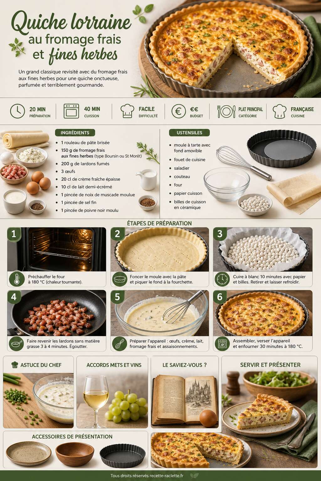 Fiche recette Quiche lorraine : recette au fromage frais et fines herbes Fiche recette Quiche lorraine : recette au fromage frais et fines herbes