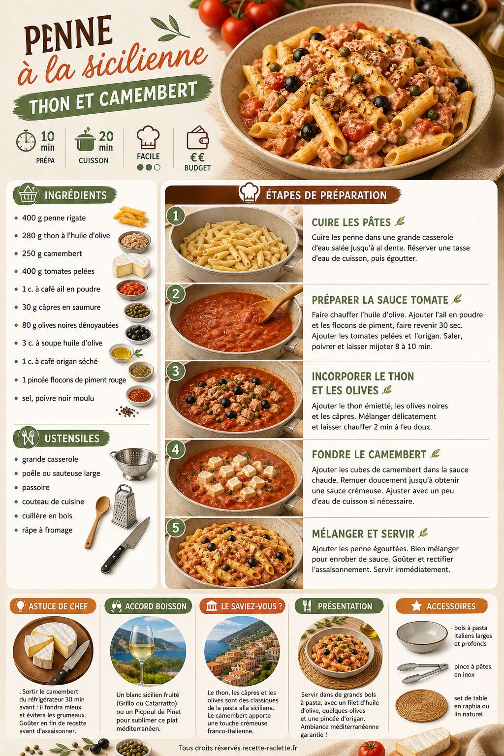 Fiche recette Penne à la sicilienne : thon et Camembert Fiche recette Penne à la sicilienne : thon et Camembert