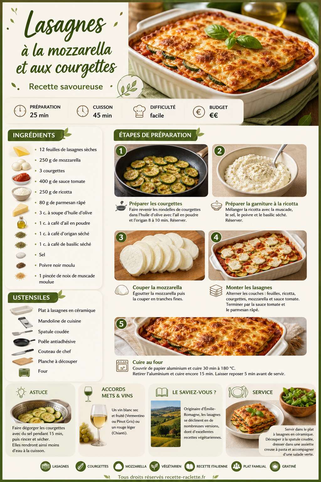 Fiche recette Lasagnes &agrave; la mozzarella et aux courgettes : recette savoureuse