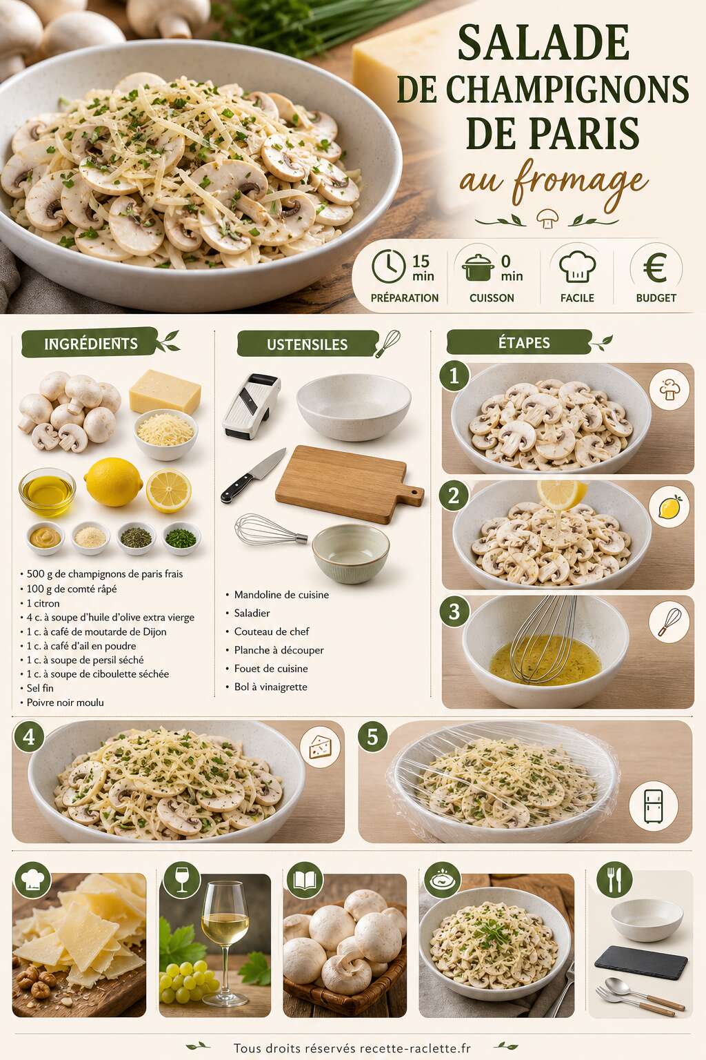 Fiche recette Salade de champignons de paris au fromage : recette savoureuse Fiche recette Salade de champignons de paris au fromage : recette savoureuse