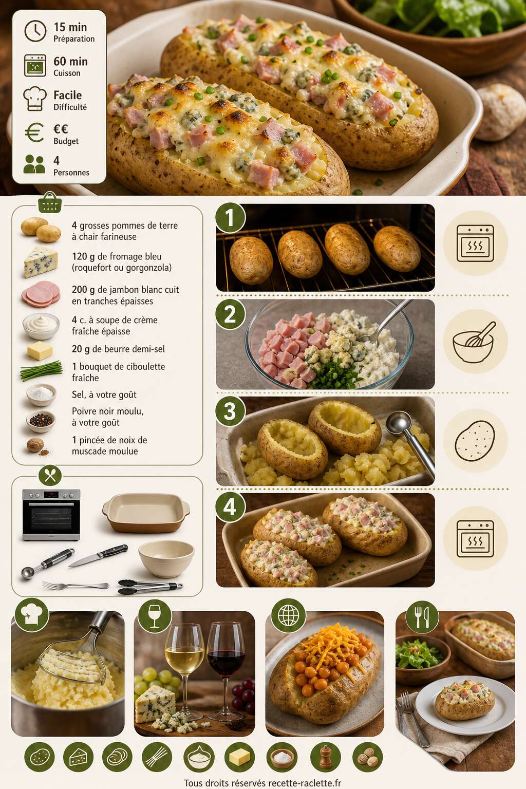 Fiche recette Pomme de terre farcie au bleu et jambon : recette savoureuse Fiche recette Pomme de terre farcie au bleu et jambon : recette savoureuse