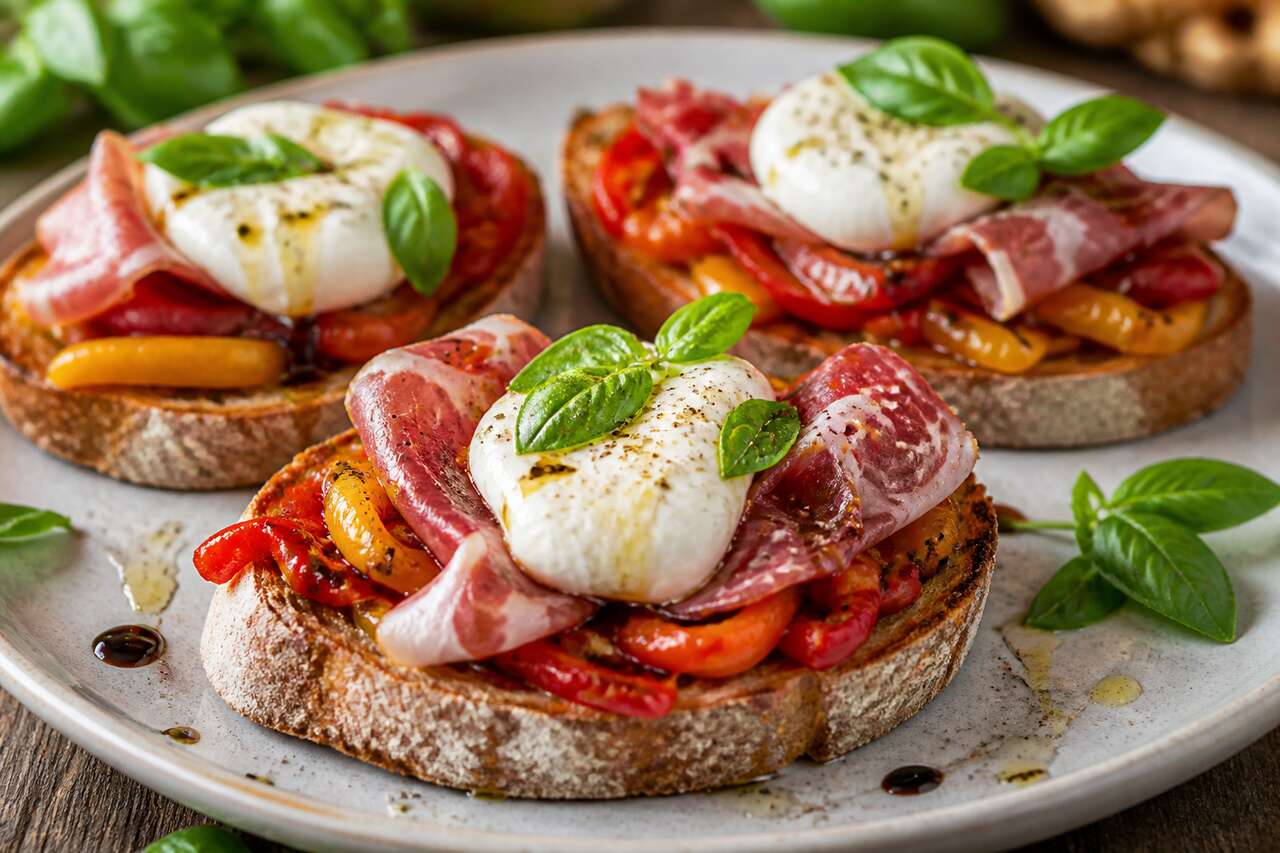 Bruschetta aux poivrons, coppa et fromage : recette gourmande