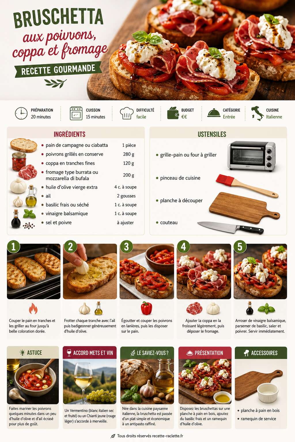 Fiche recette Bruschetta aux poivrons, coppa et fromage : recette gourmande