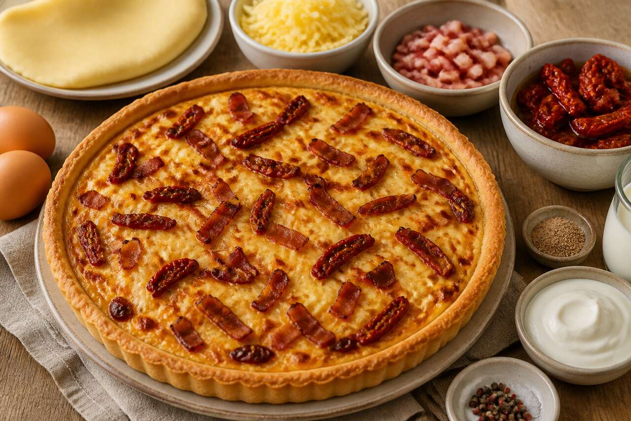 Tarte au Gouda, tomates Séchées et Lardons Grillés : recette savoureuse