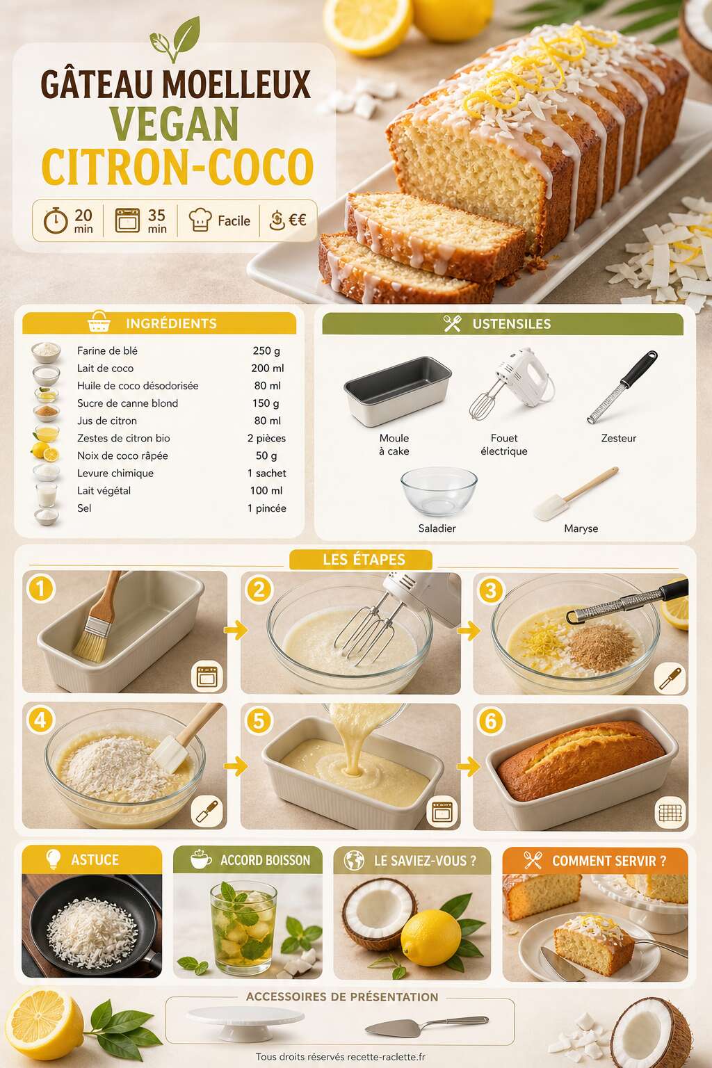 Fiche recette G&acirc;teau moelleux vegan citron-coco : recette facile et savoureuse