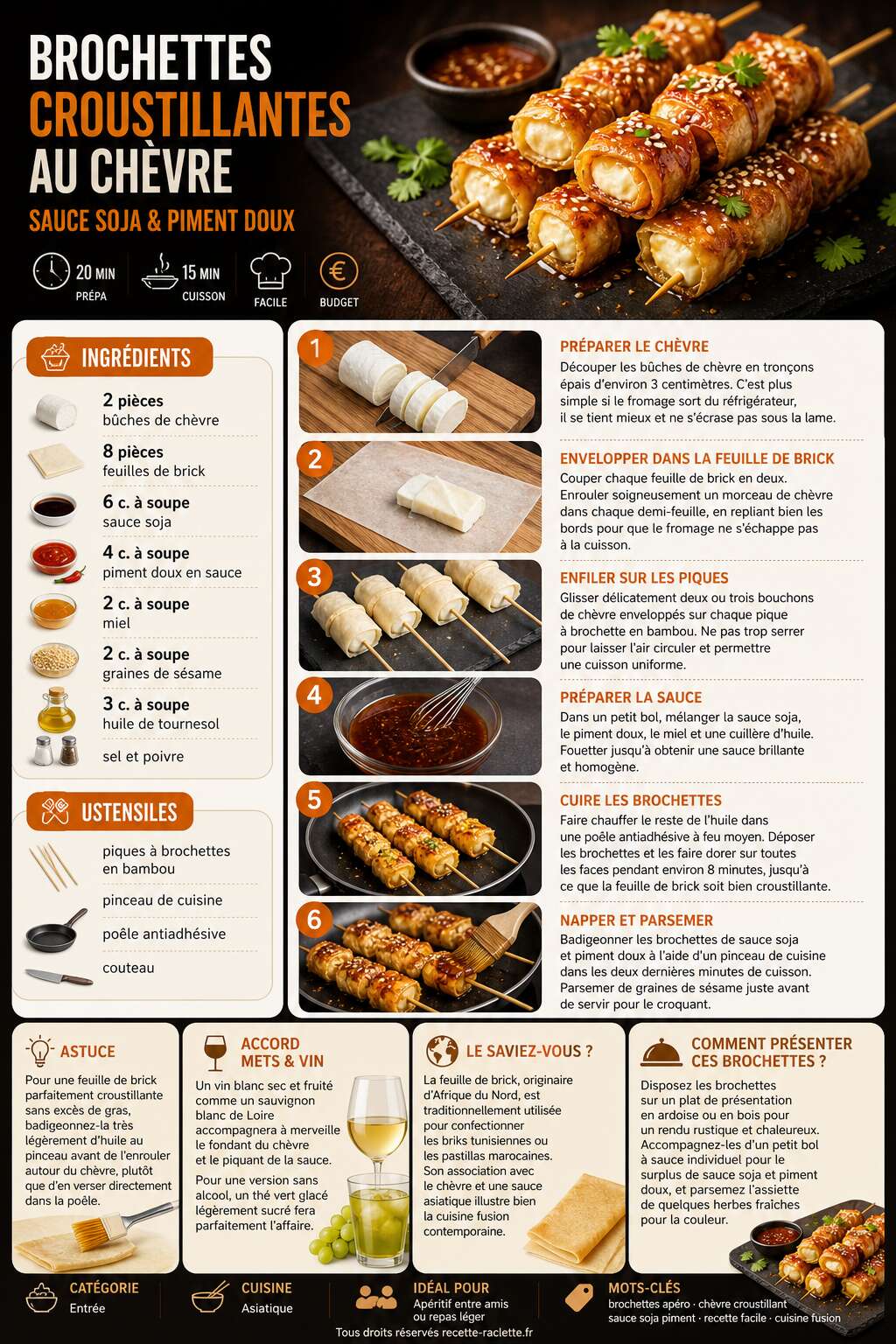 Fiche recette Brochettes croustillantes au ch&egrave;vre : recette sauce soja et piment doux