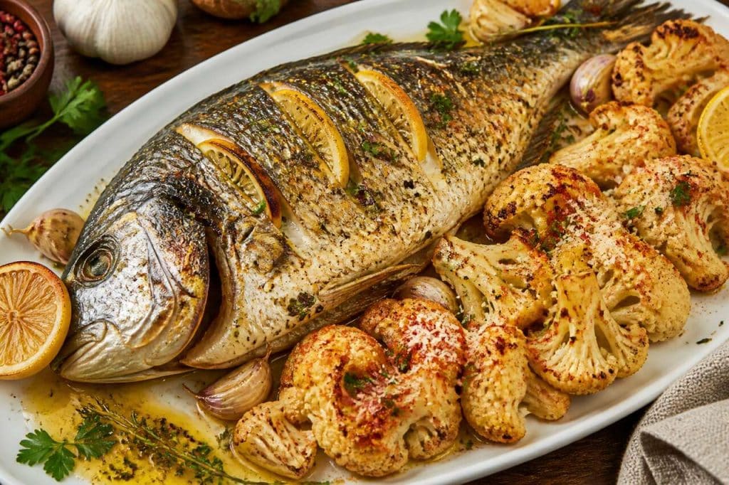Dorade au four et chou-fleur grillé au fromage fraîchement cuit