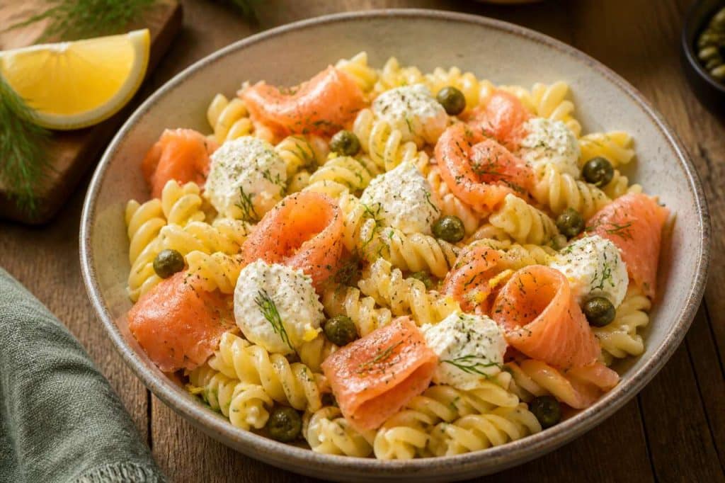 Salade de pâtes au saumon et fromage frais : recette gourmande
