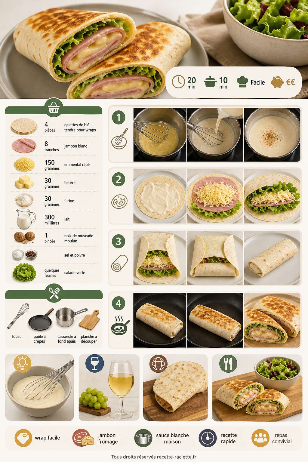 Fiche recette Wraps gourmands jambon-fromage : recette et sauce blanche maison