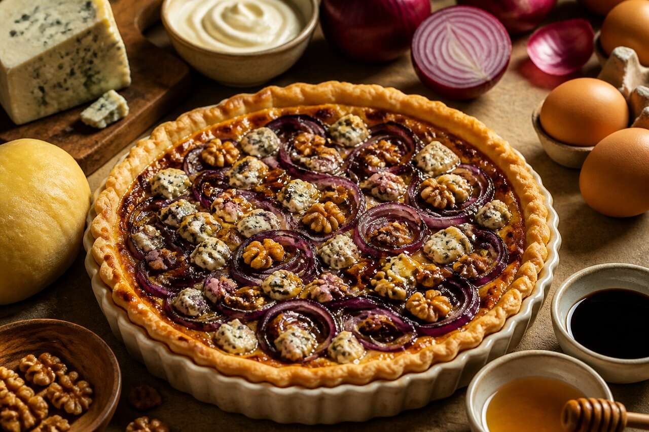Tarte aux oignons rouges et fromage bleu : la recette gourmande