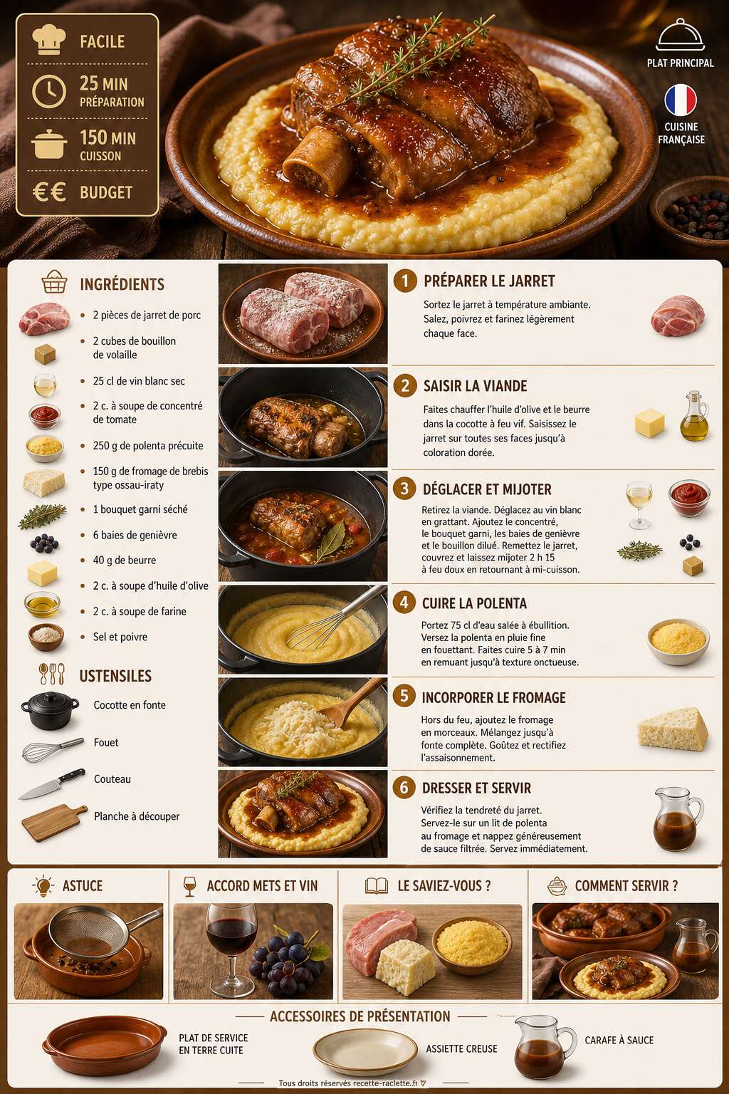 Fiche recette Jarret de porc brais&eacute; et polenta au fromage de brebis : une recette gourmande