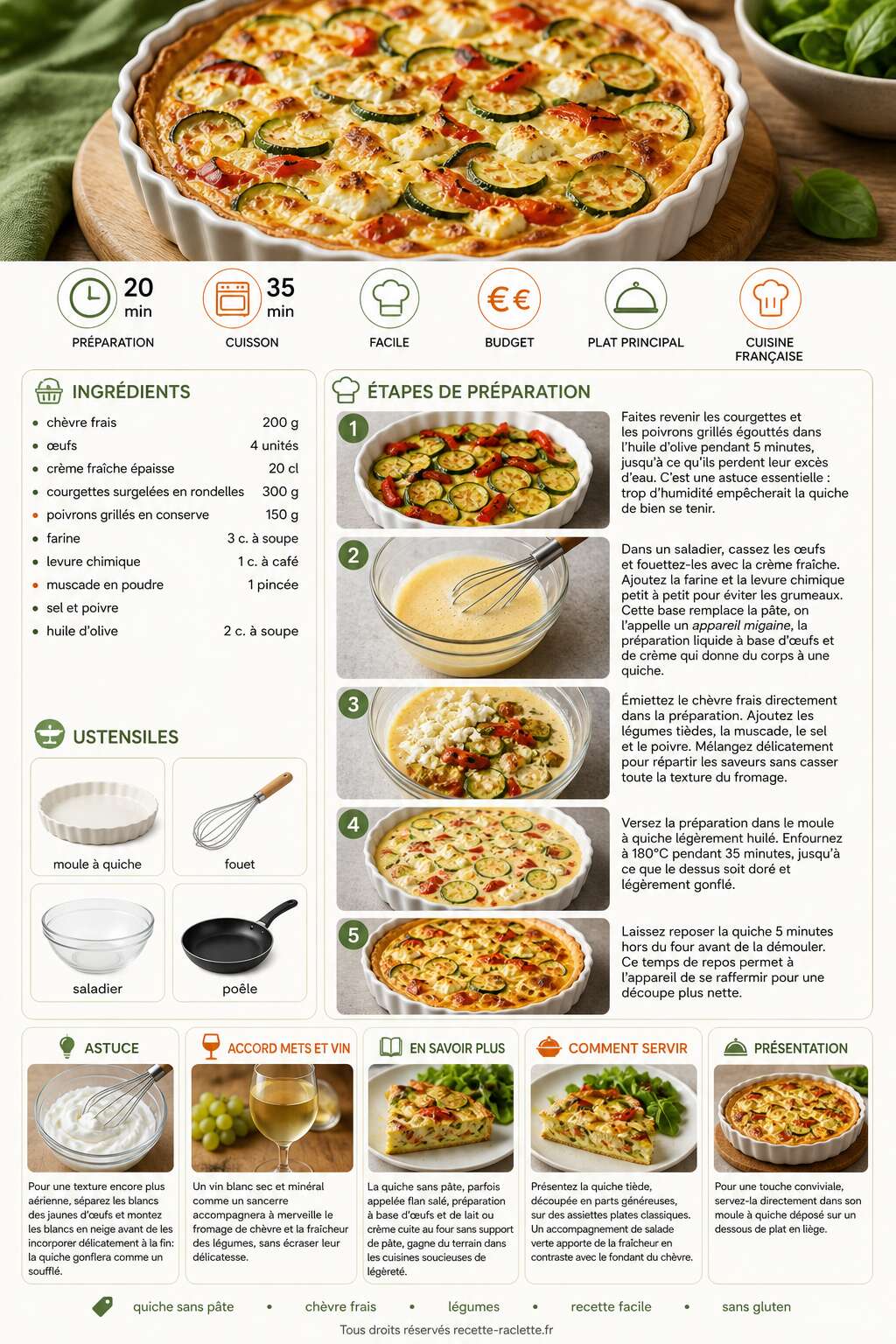 Fiche recette Quiche sans pâte au chèvre frais et légumes : recette savoureuse Fiche recette Quiche sans pâte au chèvre frais et légumes : recette savoureuse