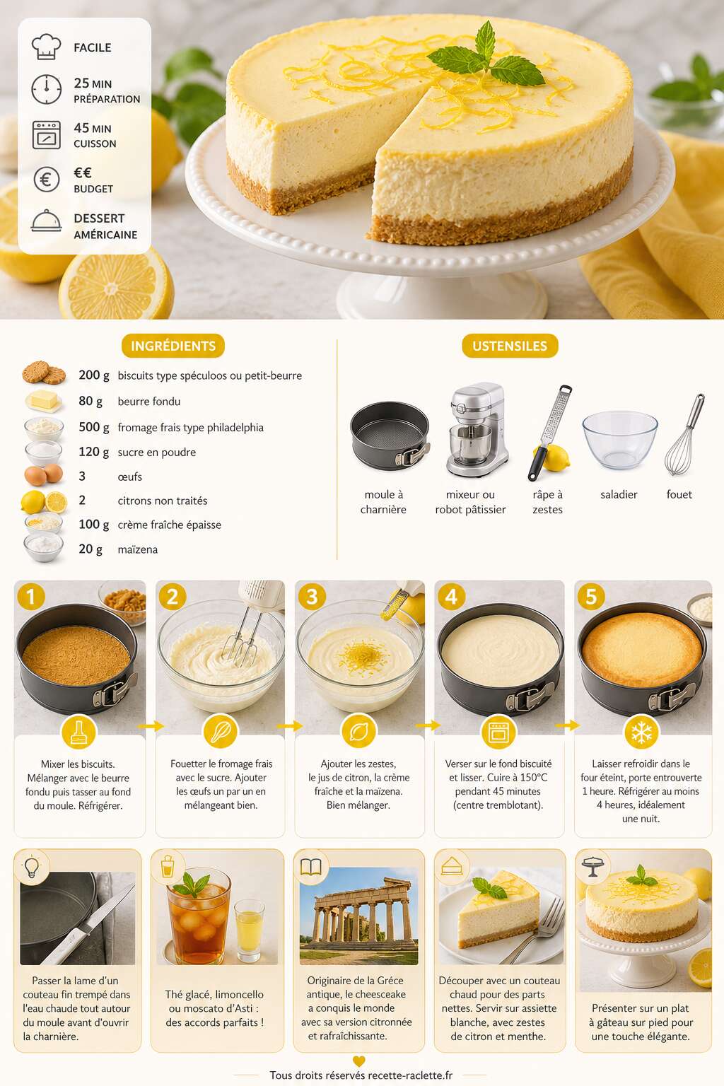Fiche recette Cheesecake au citron : recette facile et d&eacute;licieuse