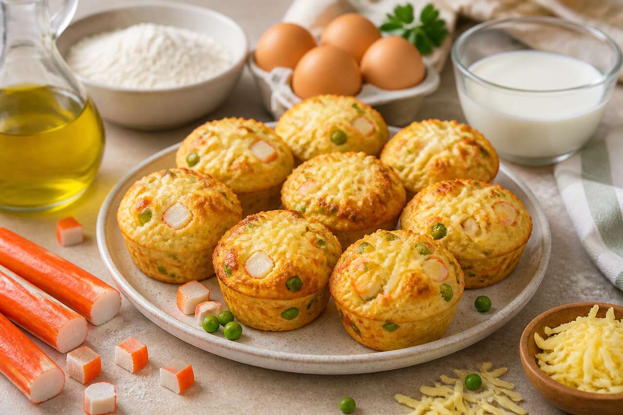 Recette : minis cakes au fromage, surimi et petits pois