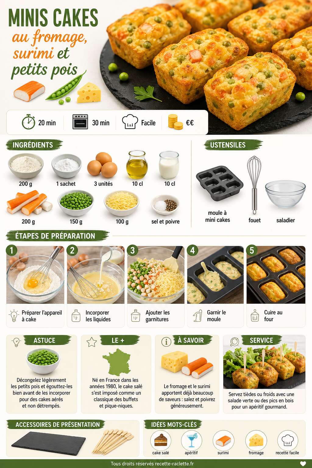 Fiche recette Recette : minis cakes au fromage, surimi et petits pois