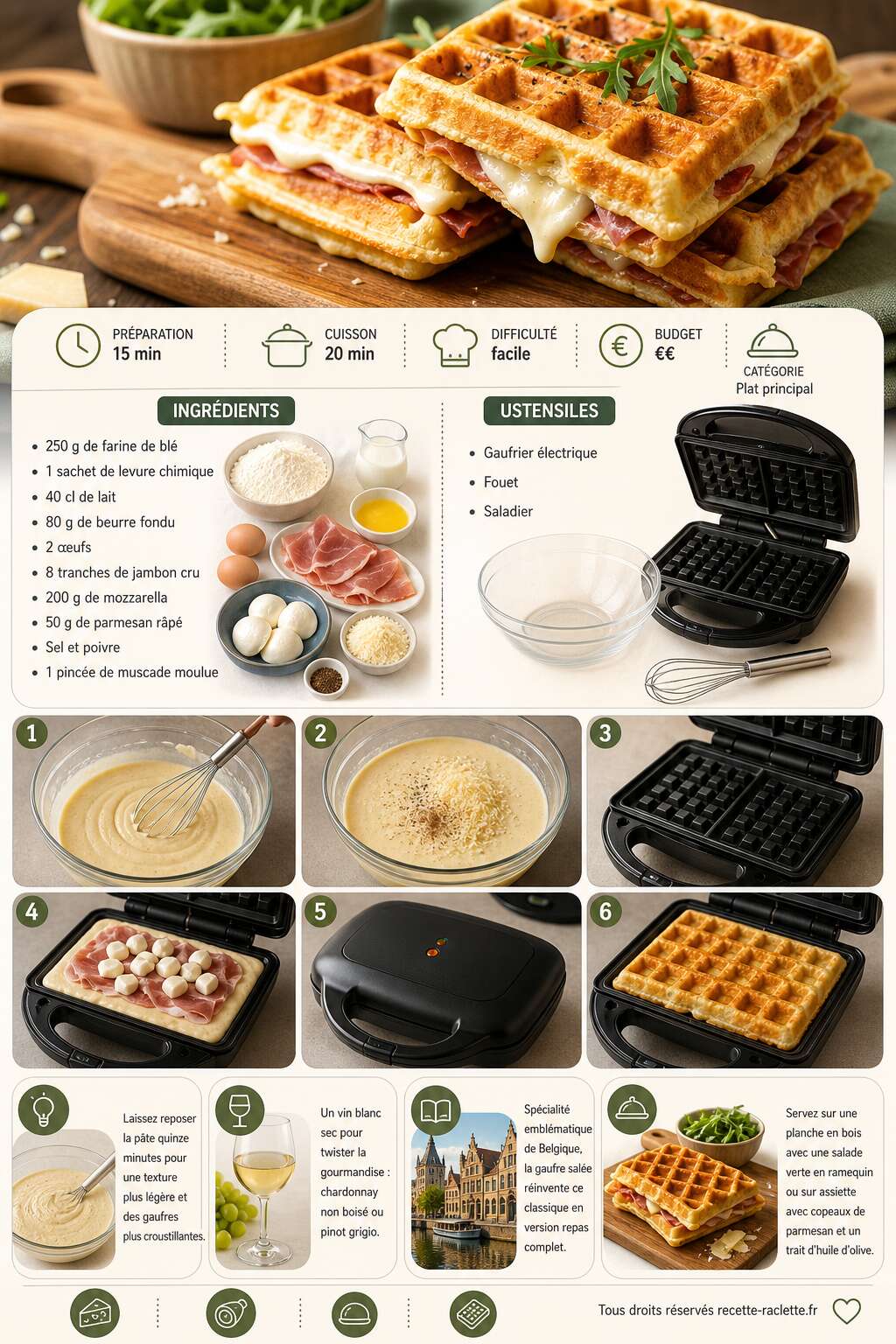 Fiche recette Gaufres salées au jambon cru et mozzarella : recette gourmande Fiche recette Gaufres salées au jambon cru et mozzarella : recette gourmande