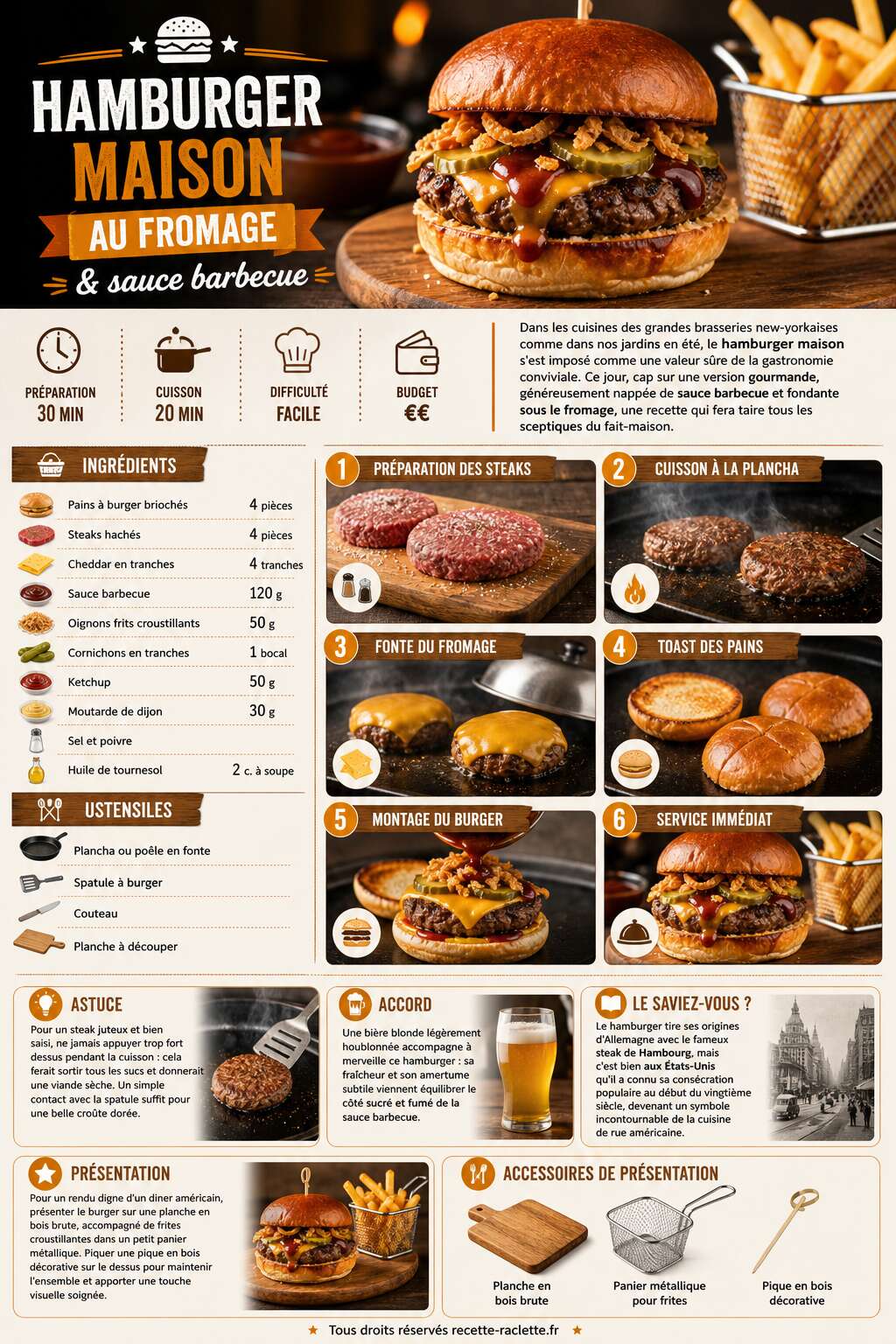 Fiche recette Hamburger maison au fromage : recette gourmande et sauce barbecue
