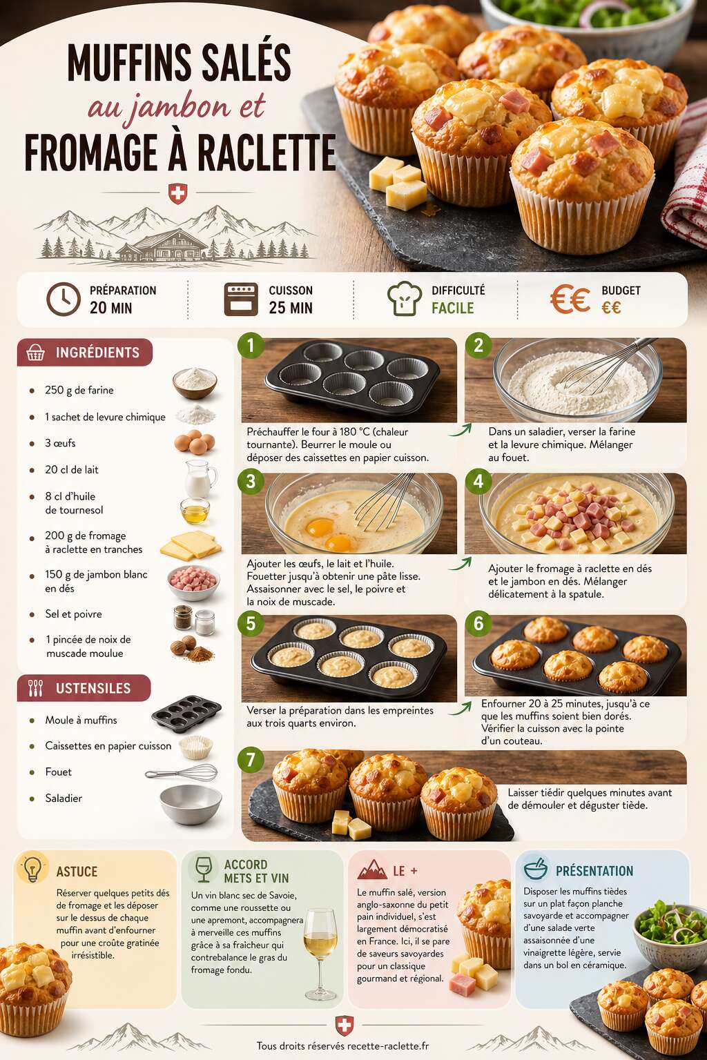 Fiche recette Muffins salés au jambon et fromage à raclette : recette gourmande Fiche recette Muffins salés au jambon et fromage à raclette : recette gourmande